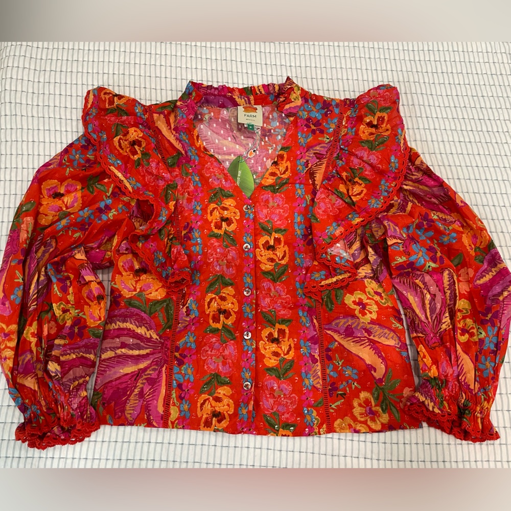 Farm Rio Women's Black Spring Banana Cotton Ruffle Blouse Sz M NWT